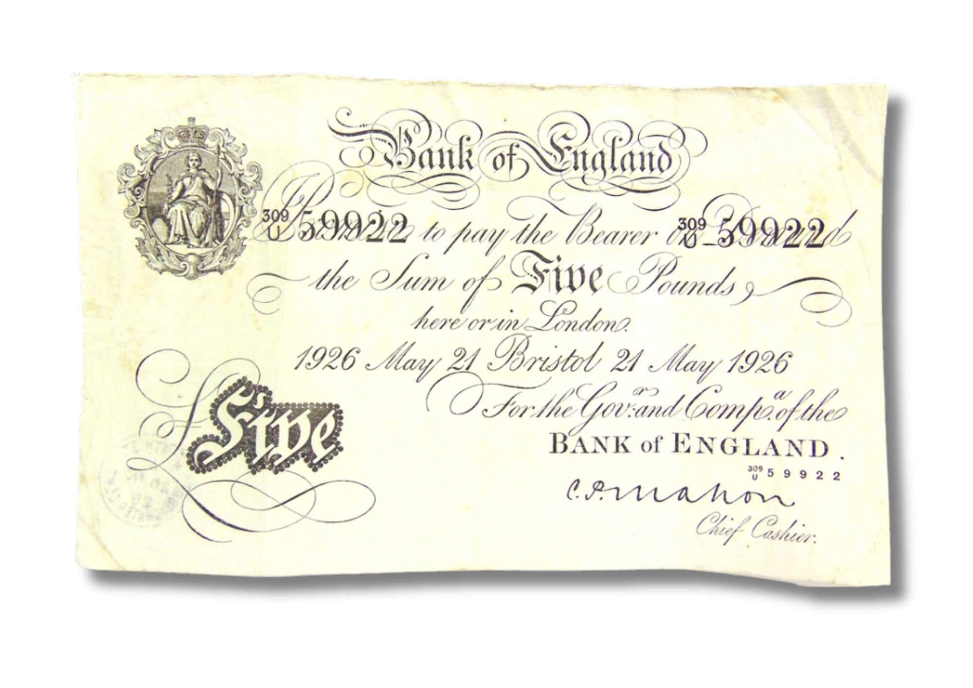 An old five pound bank note in excellent condition