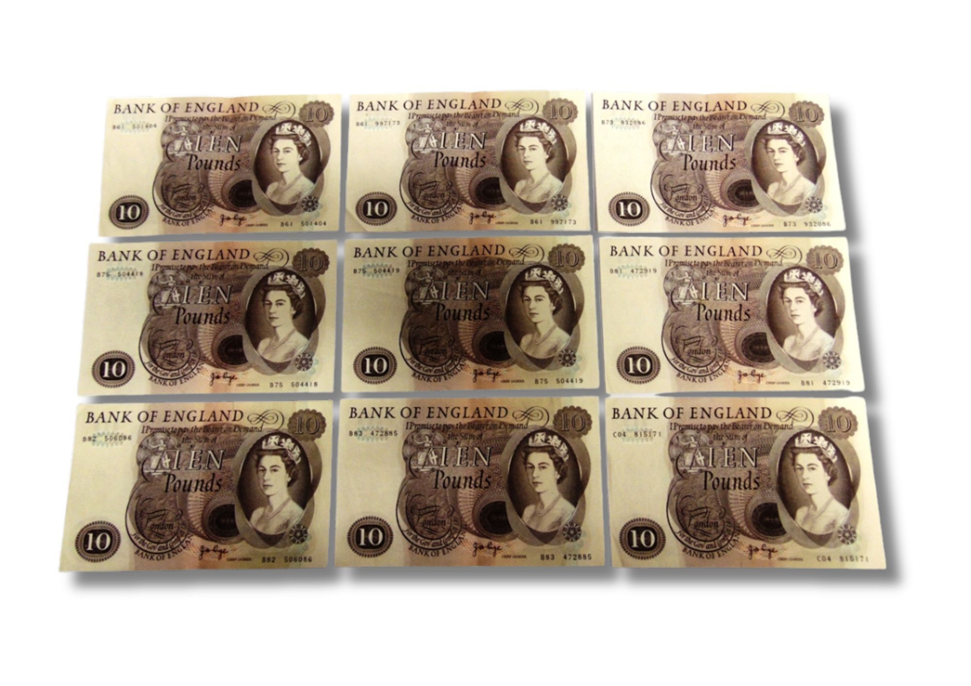 A collection of nine, old, ten pound bank notes 