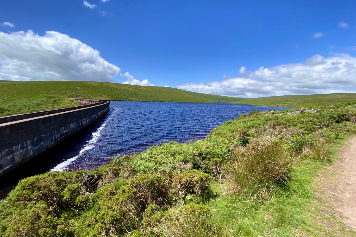 A photo of Avon Dam on Dartmoor with blue skies and water and luscious green grass surrounding. 
