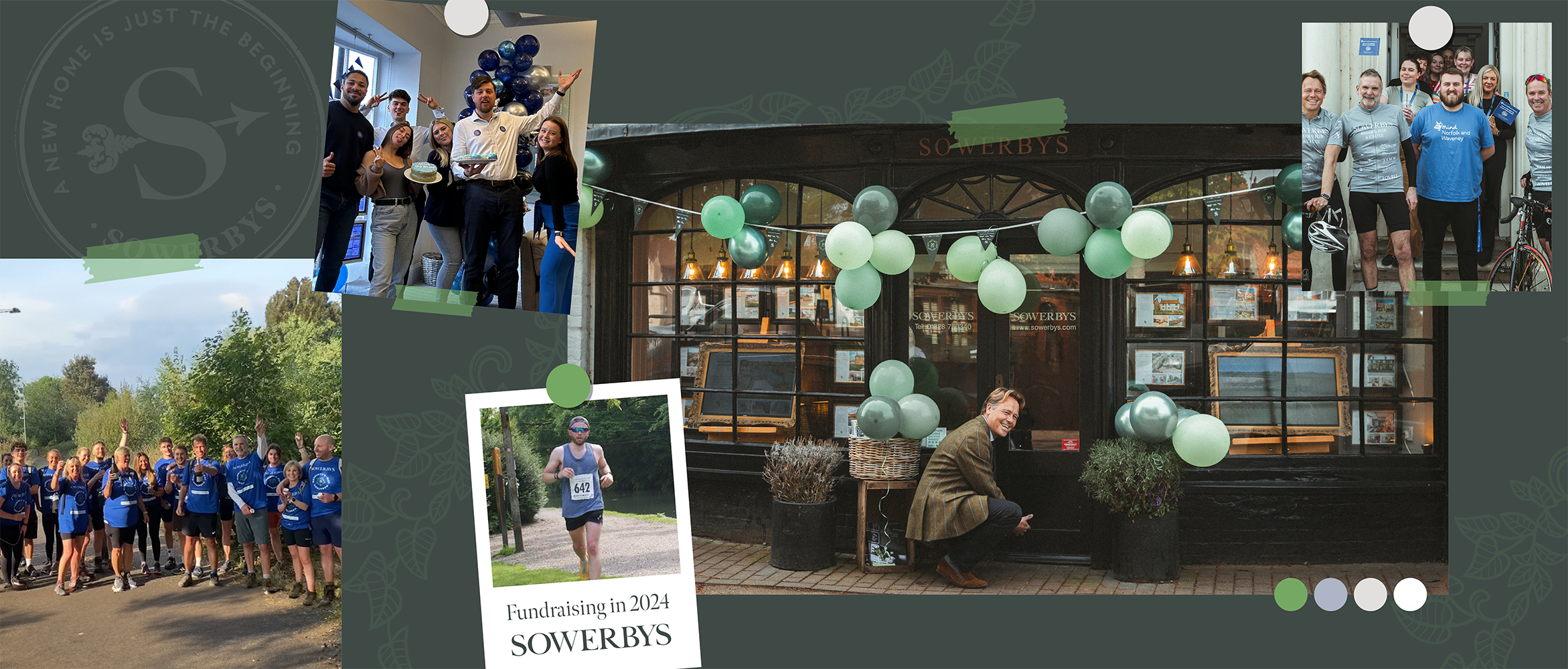 the charity work Sowerbys undertook in 2024 with a central picture of Max Sowerby opening the Burnham Market branch in the same manner in which he opened the original shop in 1994
