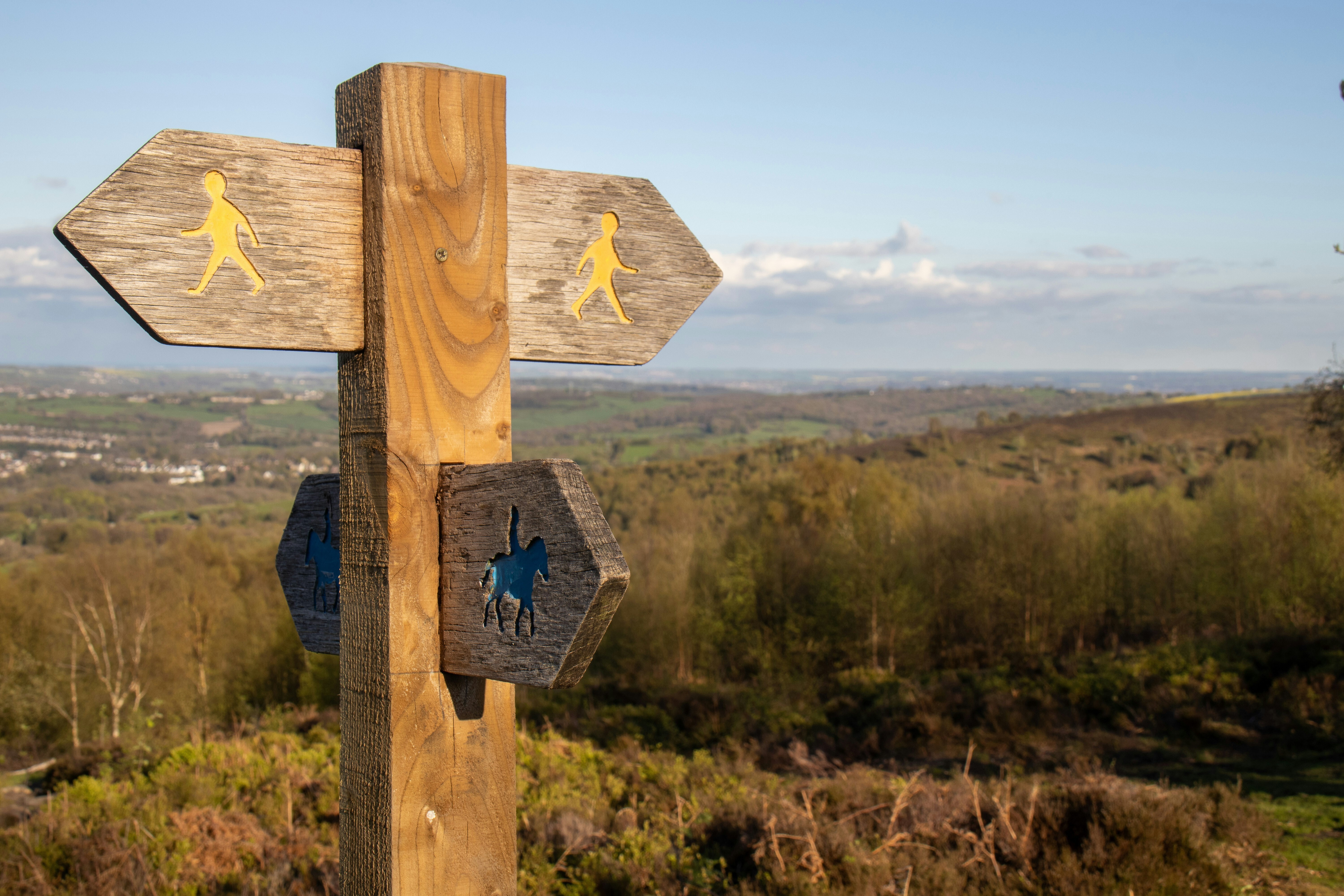 Foot path sign surrounded by countryside