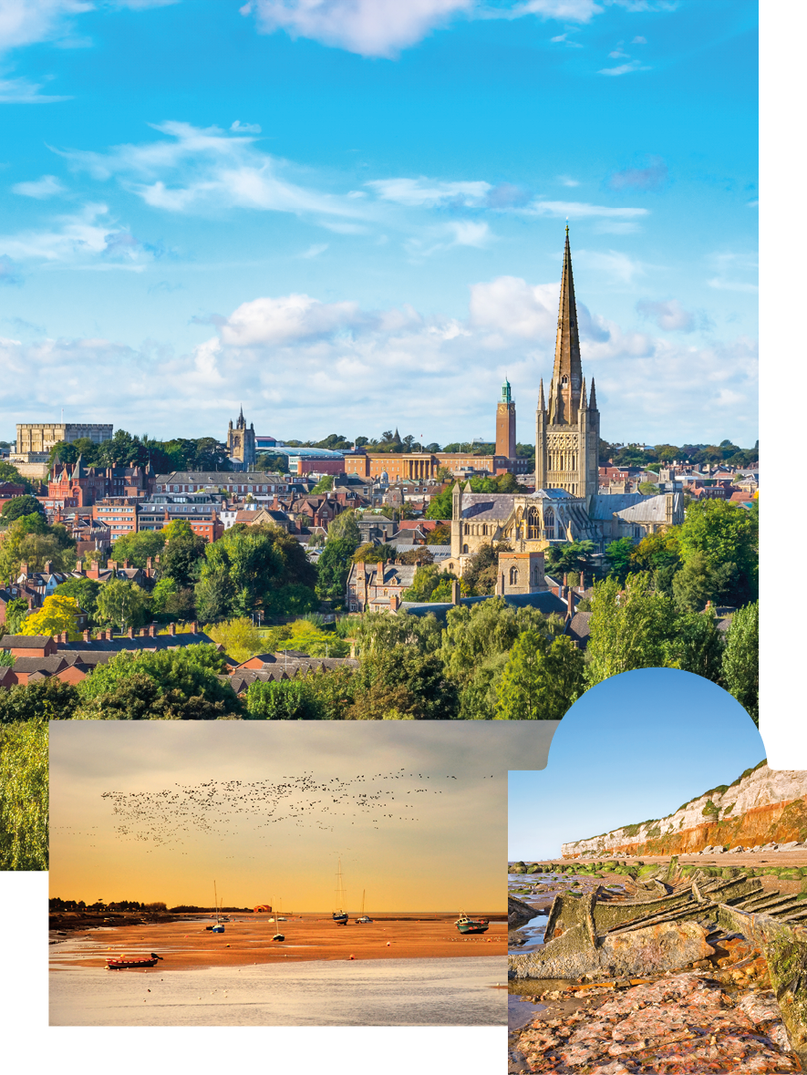 Collage of areas covered including Norwich, Wells-next-the-Sea and Hunstanton
