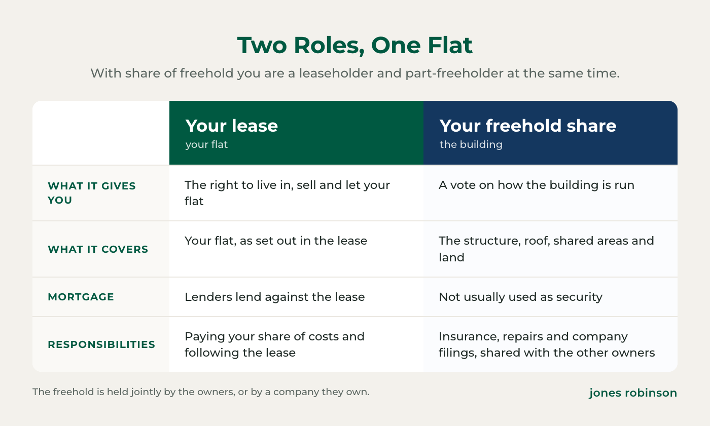 Share of freehold explained: your lease is your home and your mortgage security, your freehold share gives you a vote on insurance, repairs and lease terms